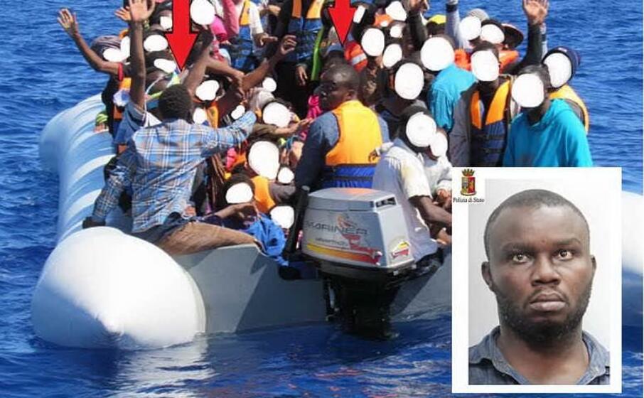 un gommone carico di migranti e (nel riquadro) il presunto scafista