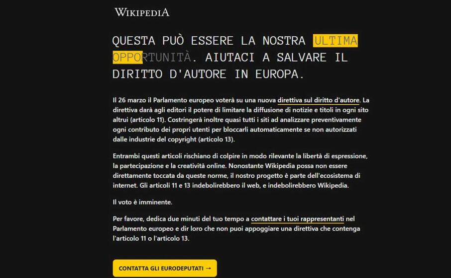 la schermata che appare da questa mattina su wikipedia (foto da web)