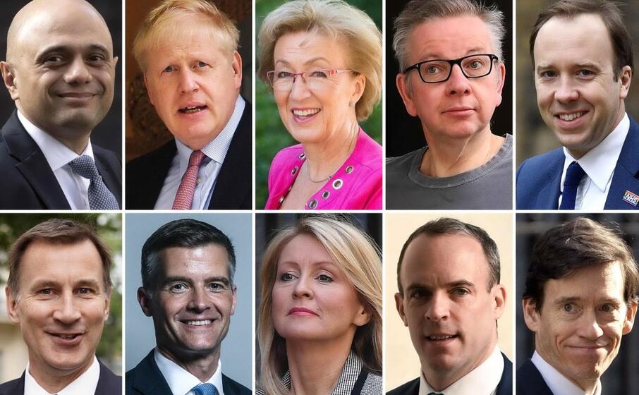 i candidati in alto da sinistra sajid javid boris johnson andrea leadsom michael gove matt hancock in basso da sinistra jeremy hunt mark harper esther mcvey dominic raab rory stewart (ansa)