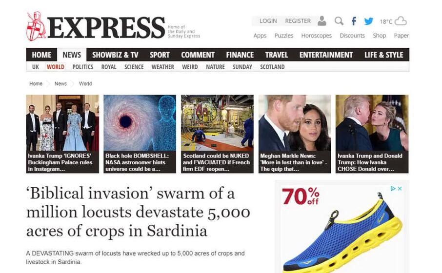 invasione biblica di milioni di cavallette distrugge 5 000 acri di campi in sardegna titola il sito del britannico express