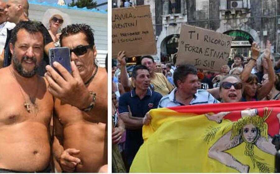 un selfie in spiaggia a destra i contestatori (ansa)