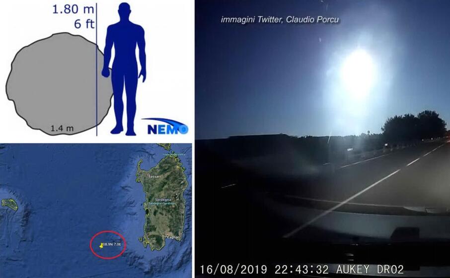 a sinistra la grandezza della meteora rispetto a un uomo e il punto di esplosione a sinistra la luce sprigionata ripresa dalla dashcam di un utente sardo di twitter claudio porcu