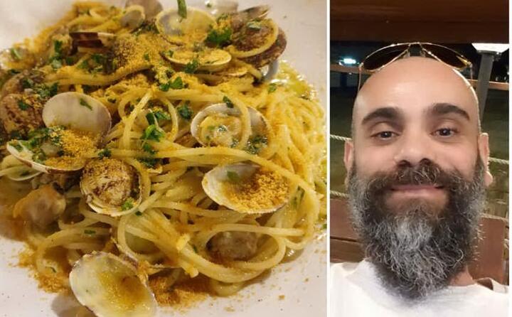 un piatto di spaghetti con vongole e bottarga cucinato da giulio aramo da cagliari