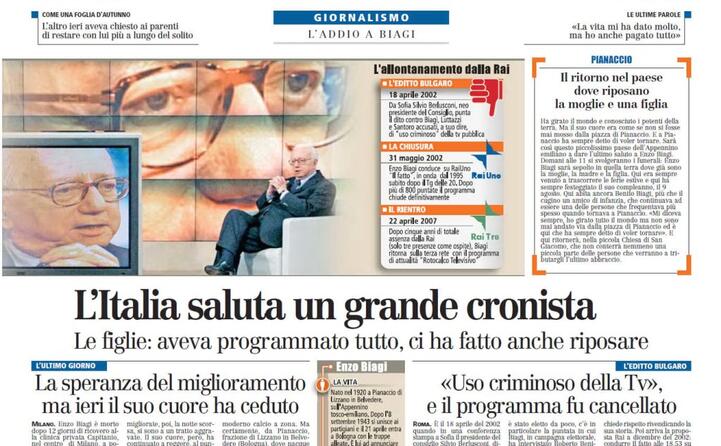 l italia saluta un grande cronista il titolo dell articolo dedicato alla morte nelle pagine interne