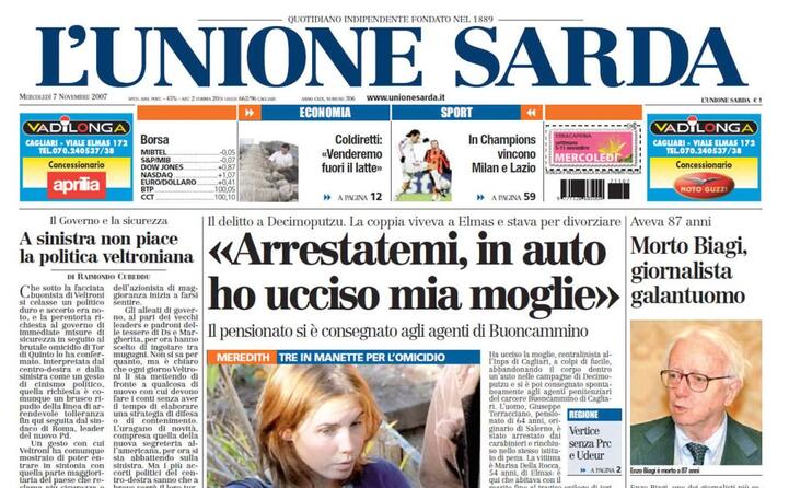 la notizia della morte in prima pagina su l unione sarda