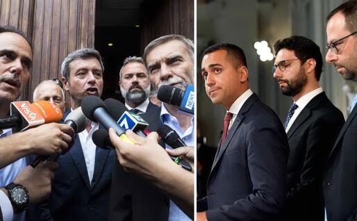 A sinistra, la delegazione Pd. A destra D'Uva e Patuanelli con Di Maio (Ansa)