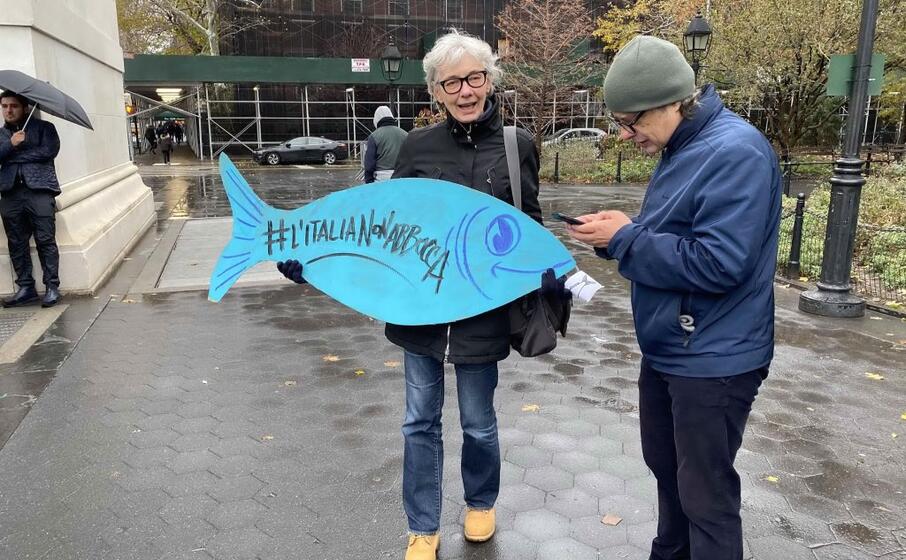 alcuni partecipanti al flashmob delle sardine (ansa)