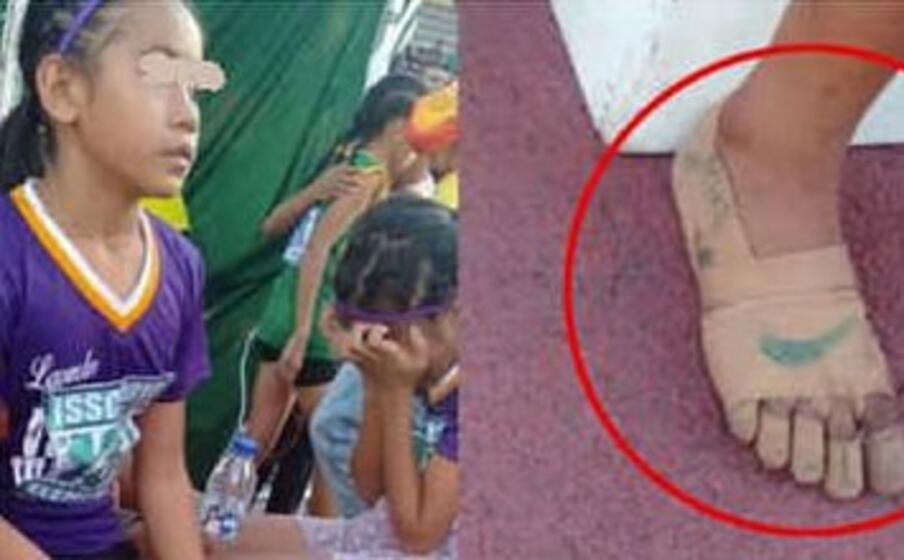 la piccola atleta e il particolare della scarpa (foto da twitter)