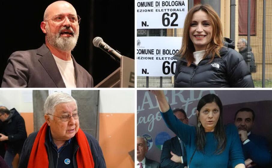 in alto da sinistra bonaccini e borgonzoni candidati in emilia romagna sotto callipo e santelli candidati in calabria