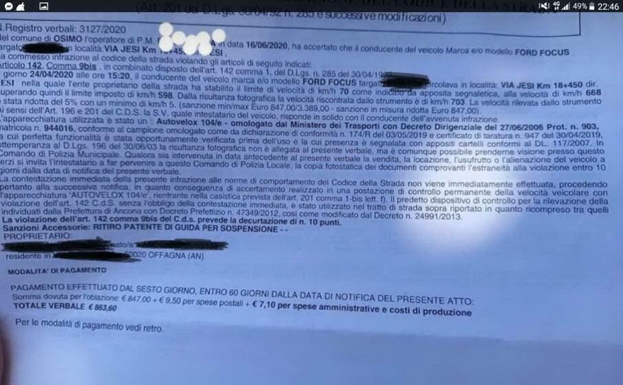 il verbale (foto facebook comitato per il rispetto del codice della strada)