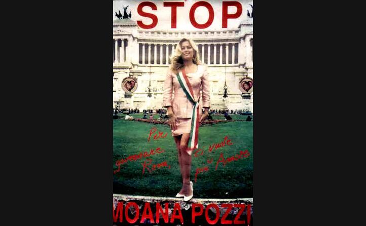manifesto per la candidatura a sindaco di moana pozzi (le foto sono ansa e wikipedia)